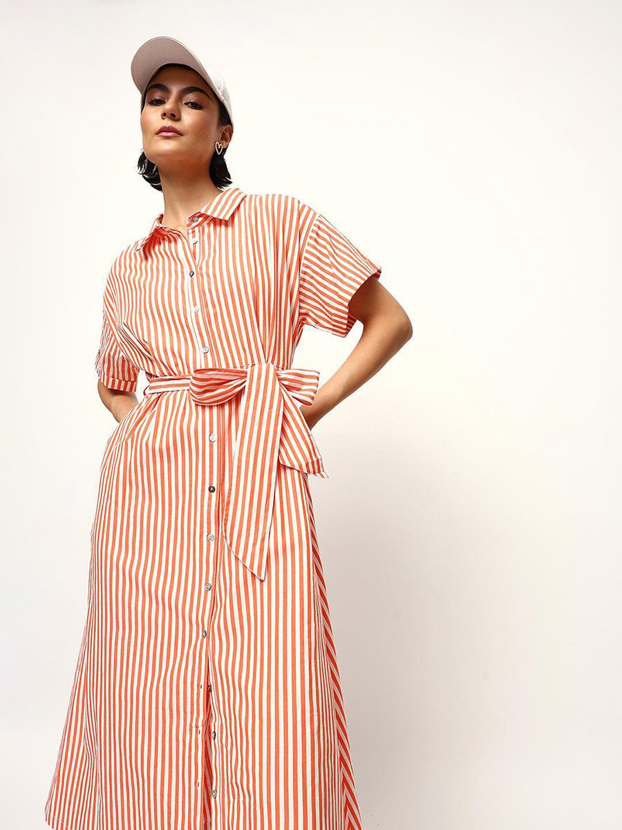 Orange Striped Midi Dress with Tie-Belt