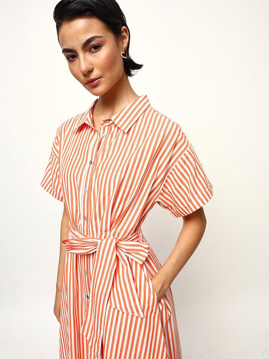 Orange Striped Midi Dress with Tie-Belt