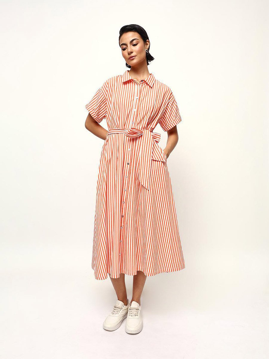 Orange Striped Midi Dress with Tie-Belt