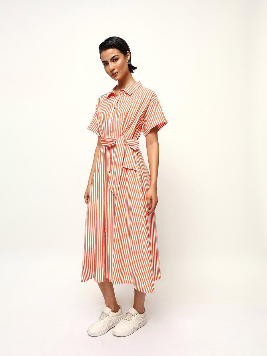 Orange Striped Midi Dress with Tie-Belt