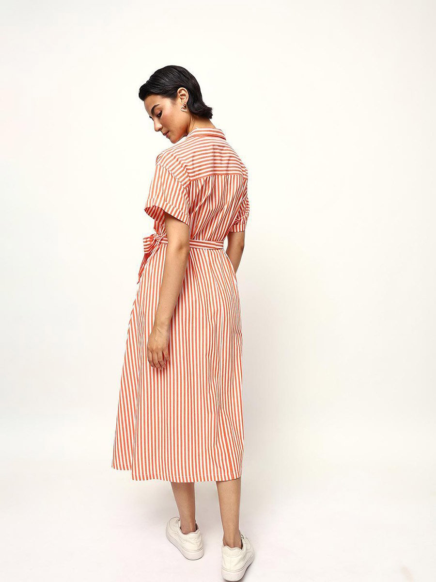 Orange Striped Midi Dress with Tie-Belt