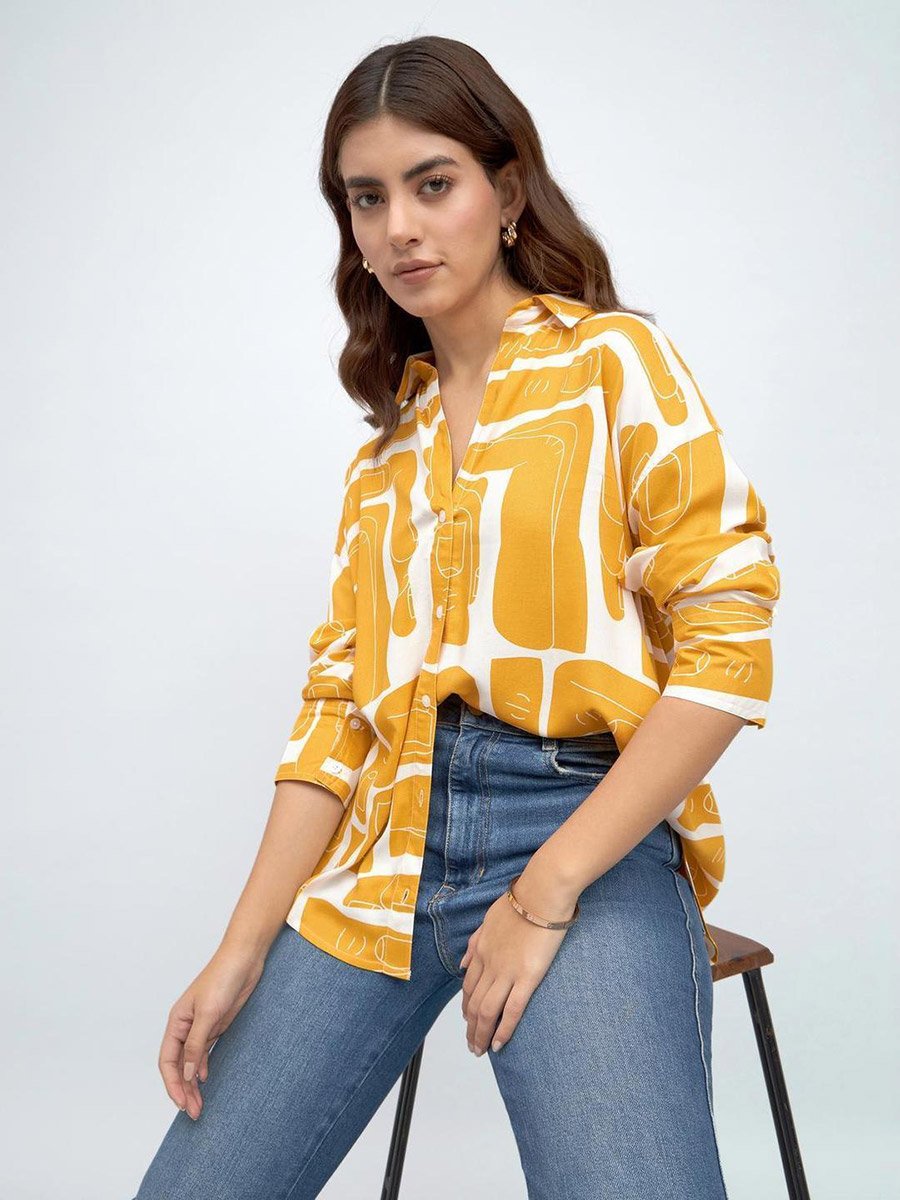 Mustard Rayon Printed Relaxed Shirt