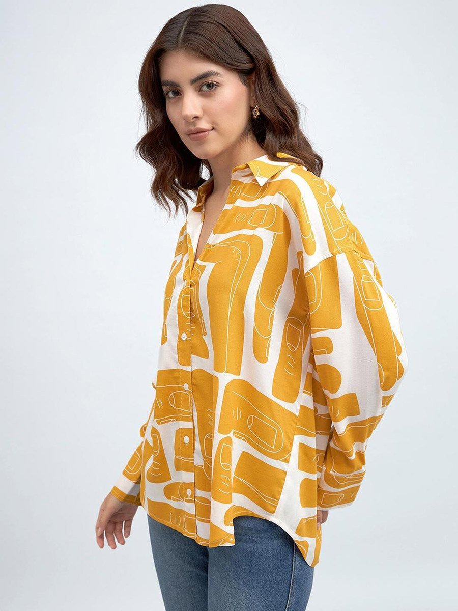 Mustard Rayon Printed Relaxed Shirt