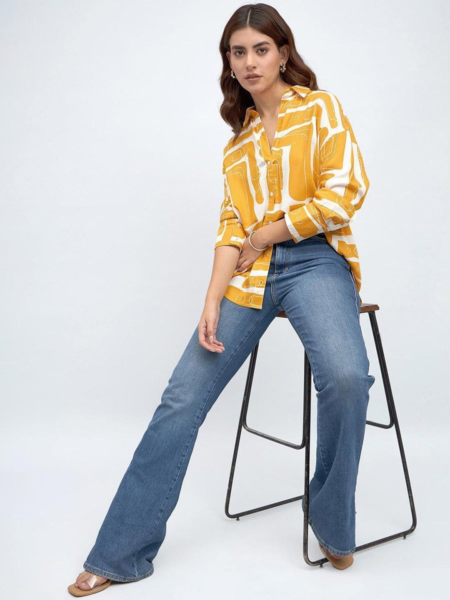 Mustard Rayon Printed Relaxed Shirt