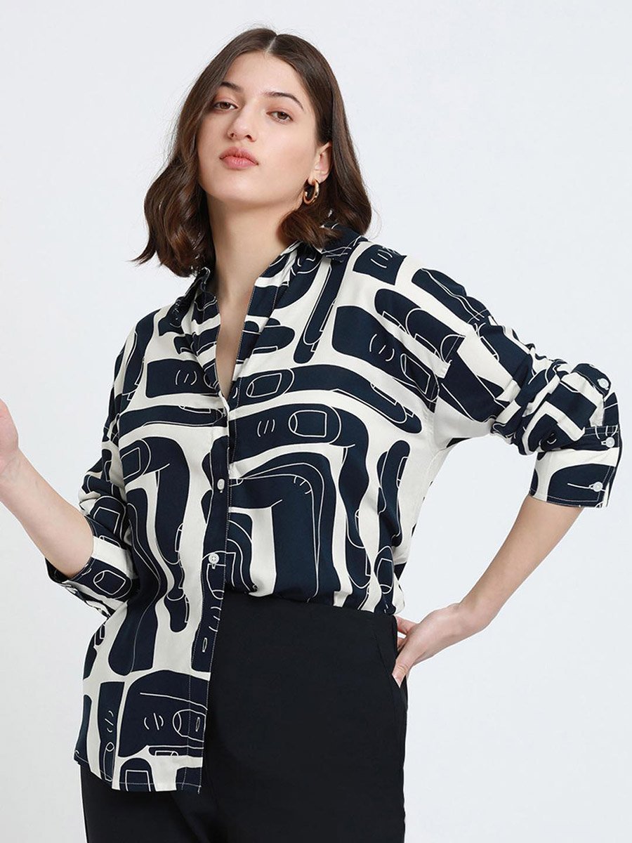 Navy Blue Relaxed Fit Rayon Shirt