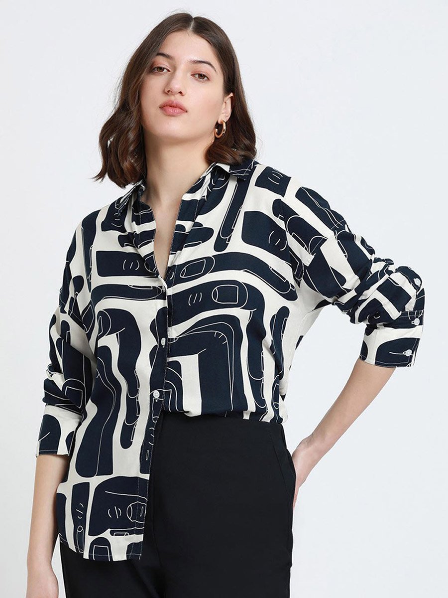 Navy Blue Relaxed Fit Rayon Shirt