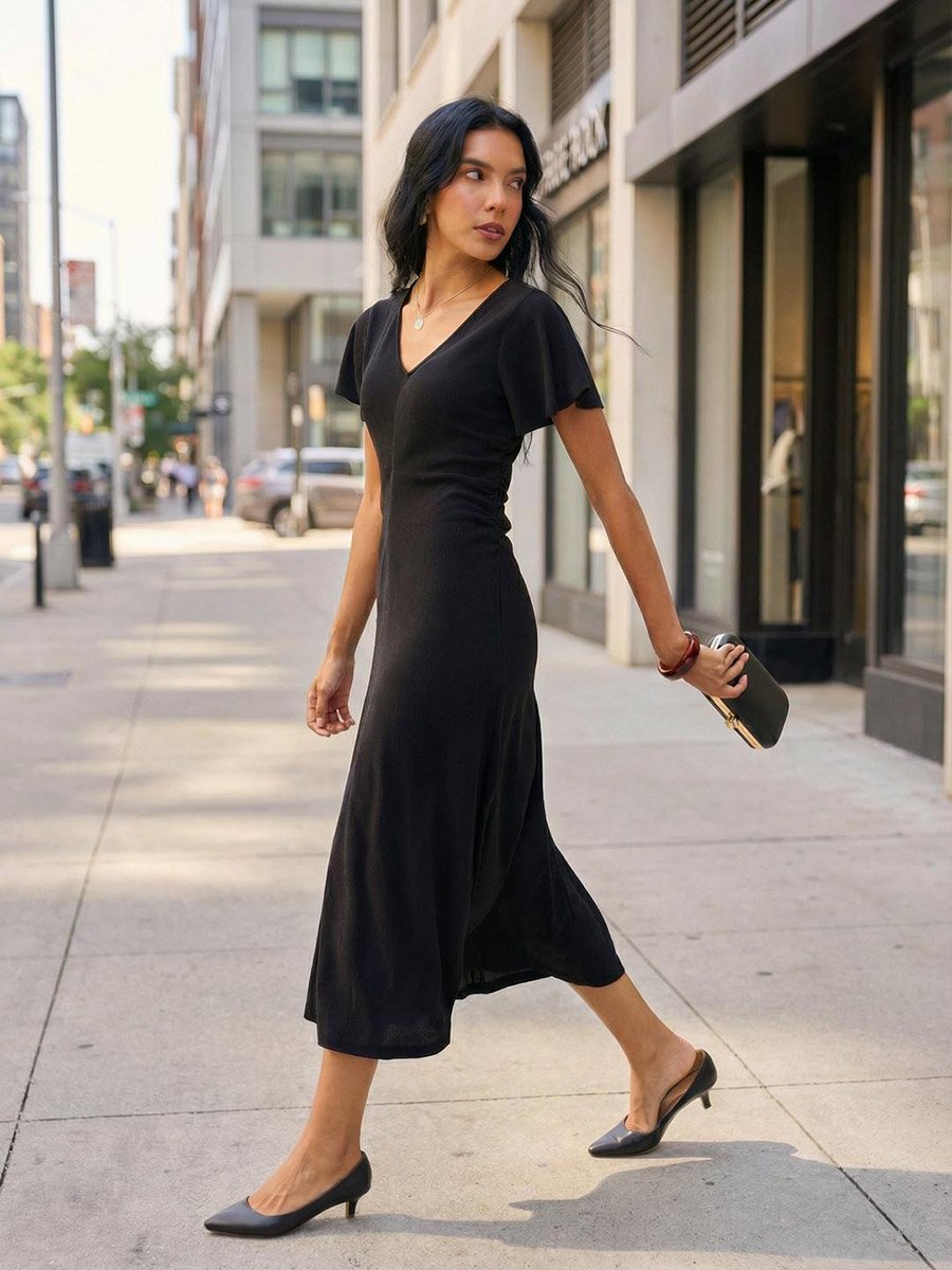 Black Textured Frill Sleeve Midi Dress