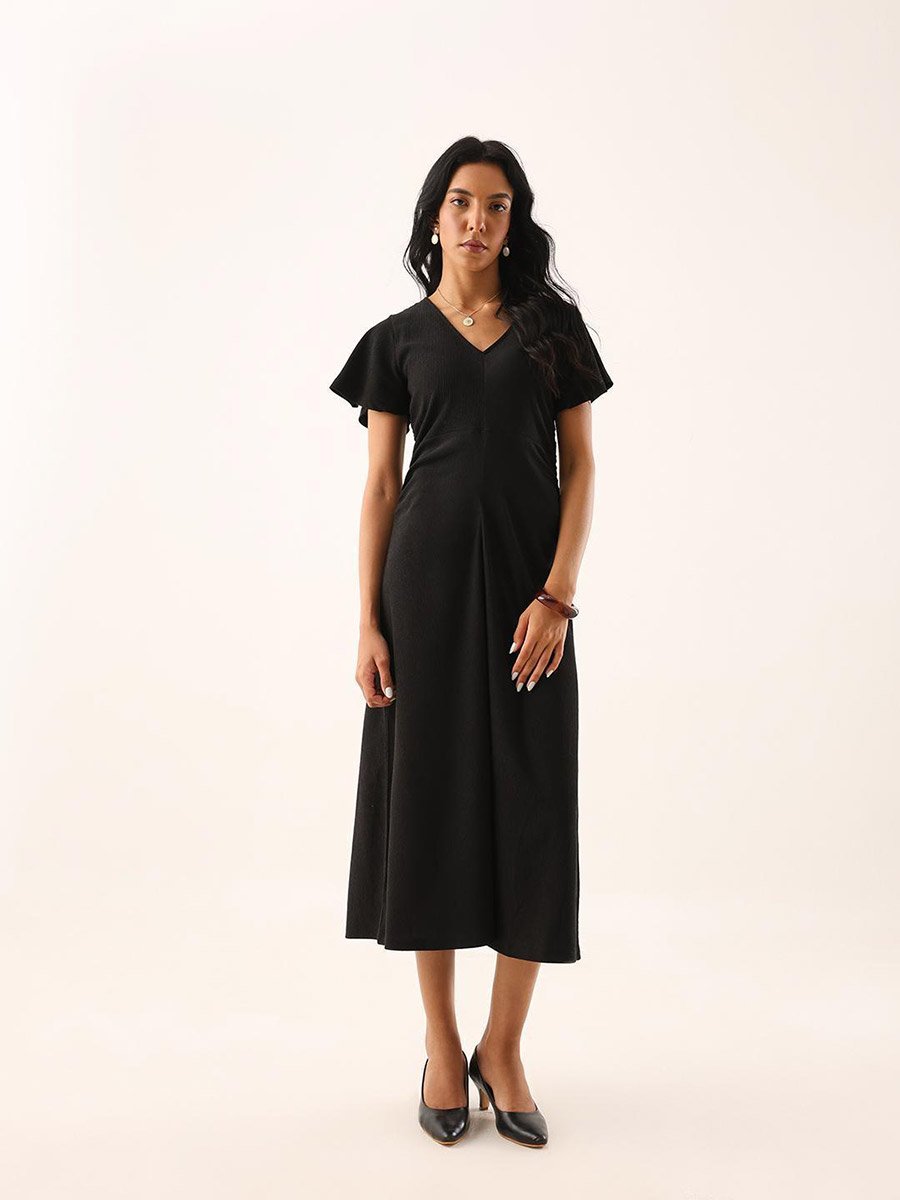 Black Textured Frill Sleeve Midi Dress
