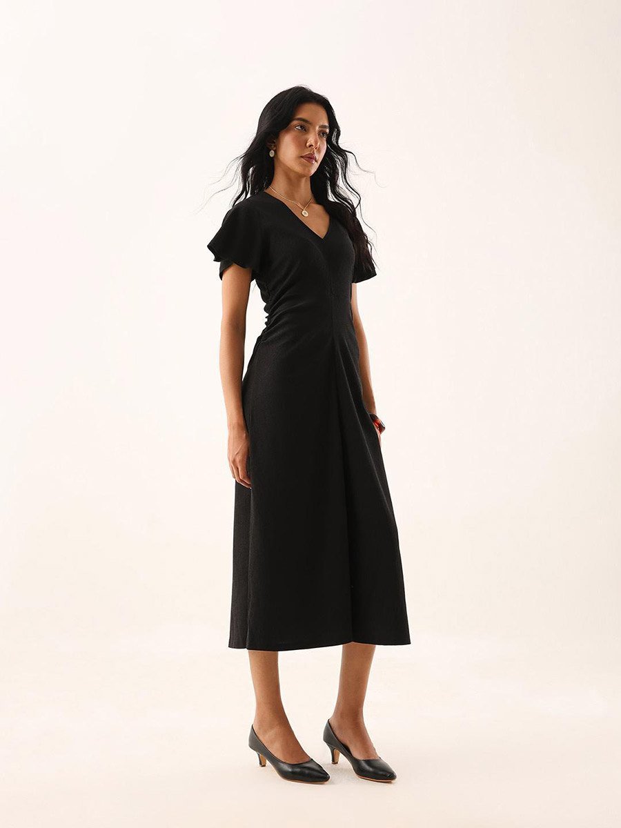 Black Textured Frill Sleeve Midi Dress