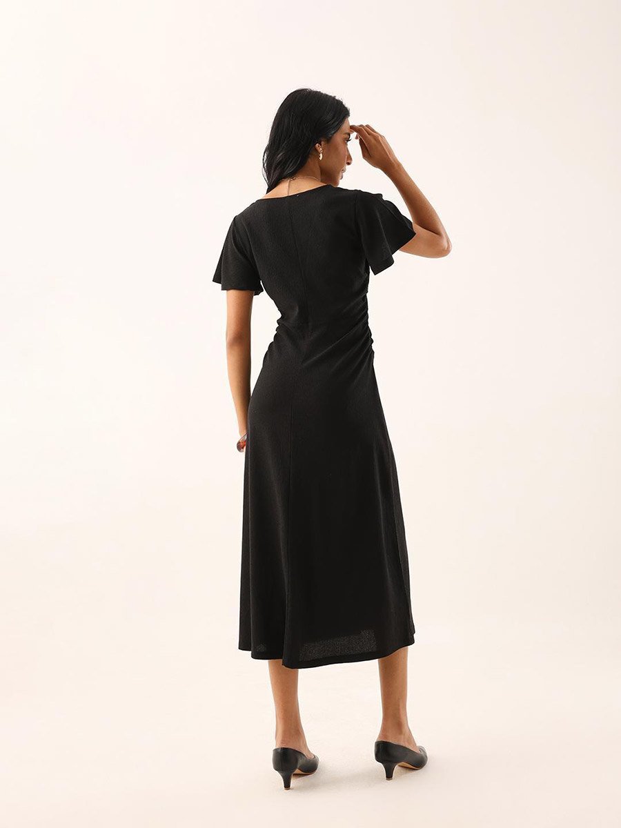 Black Textured Frill Sleeve Midi Dress