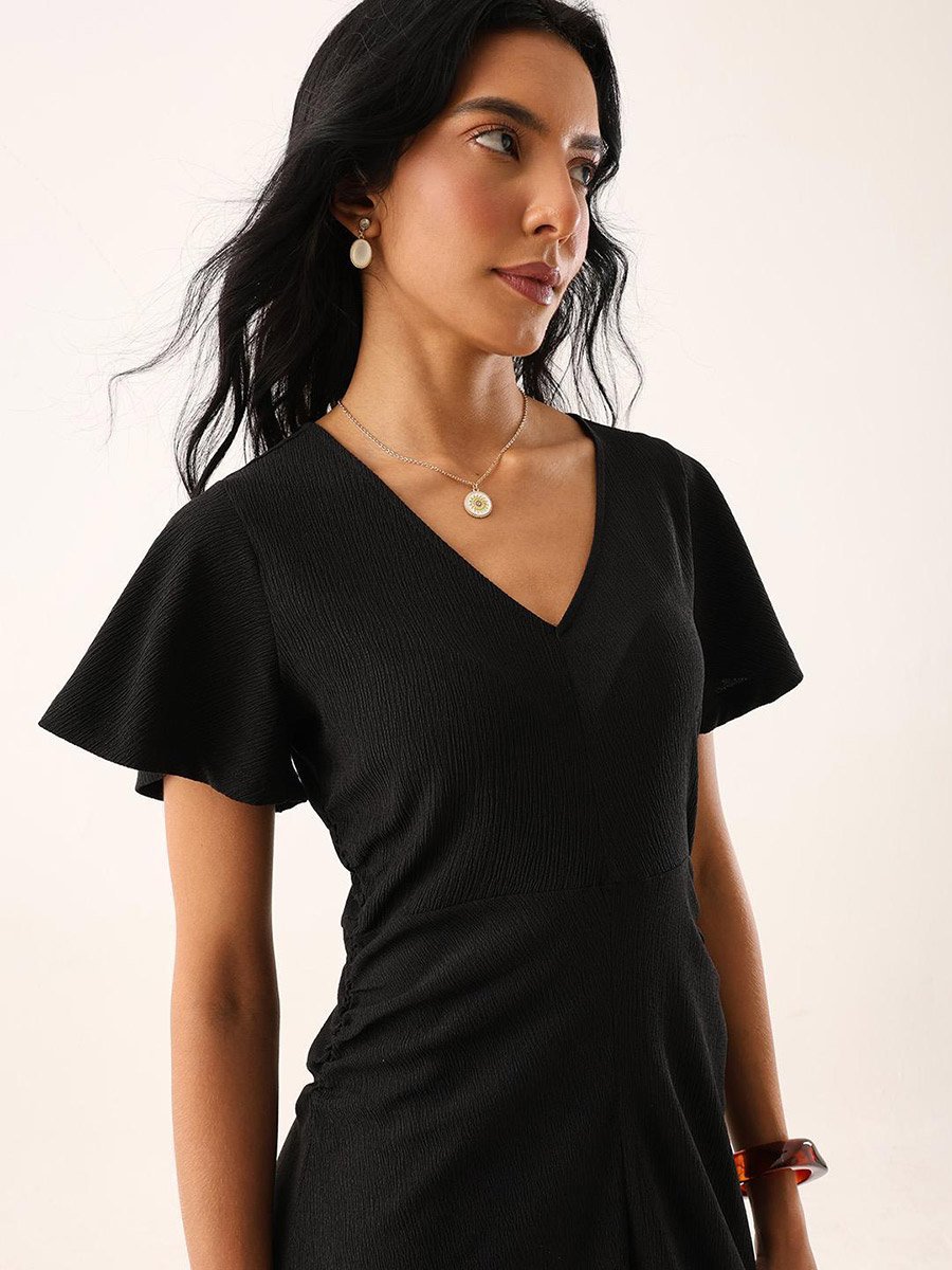 Black Textured Frill Sleeve Midi Dress
