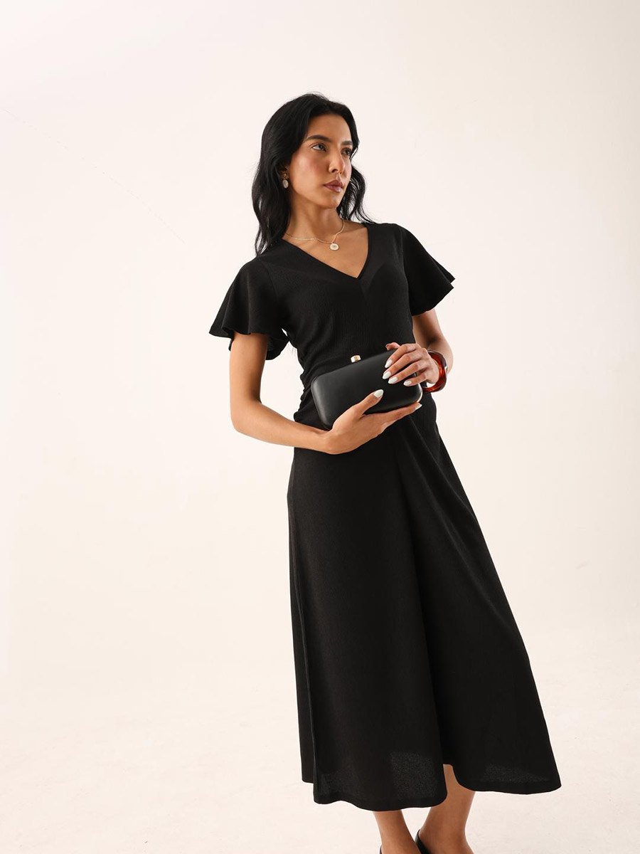 Black Textured Frill Sleeve Midi Dress