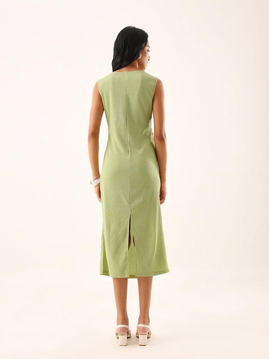 Green Textured Round Neck Midi Dress