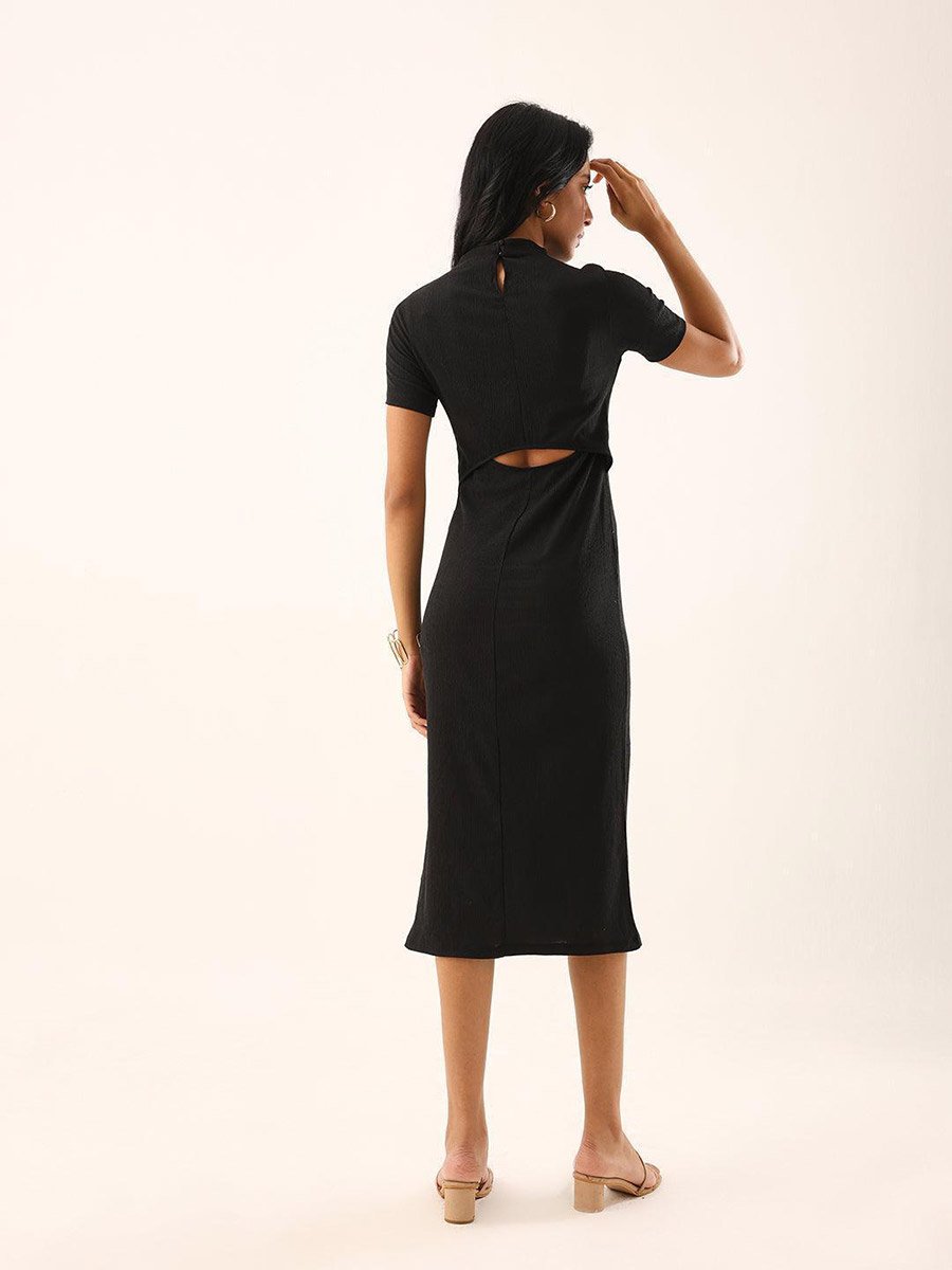 Black Textured Midi Dress with Side Slit