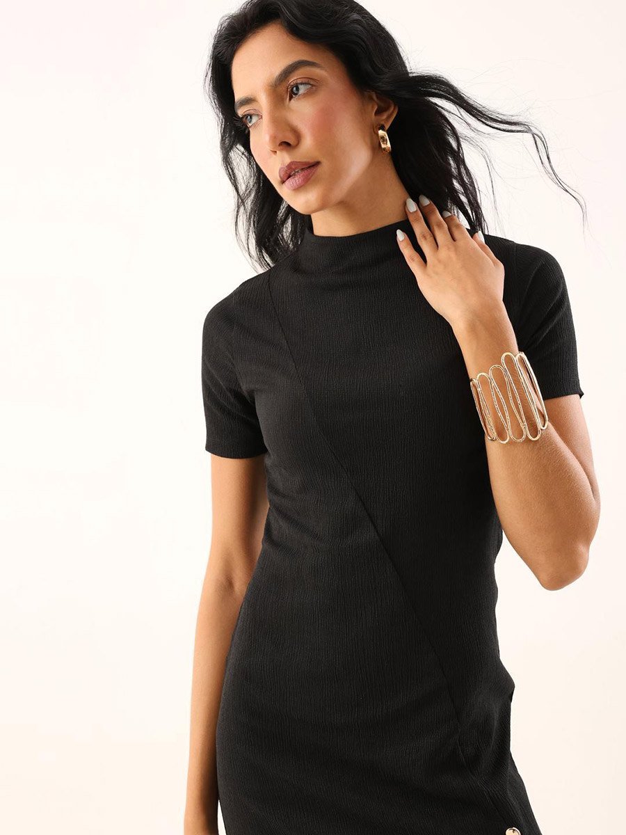Black Textured Midi Dress with Side Slit