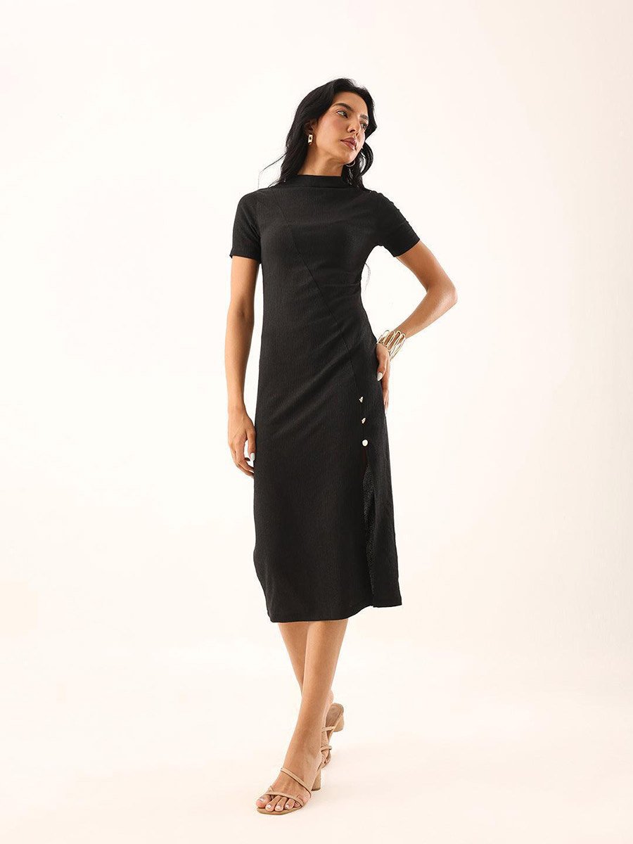 Black Textured Midi Dress with Side Slit