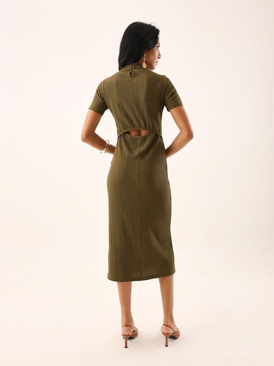 Olive Textured Midi Dress with Side Slit