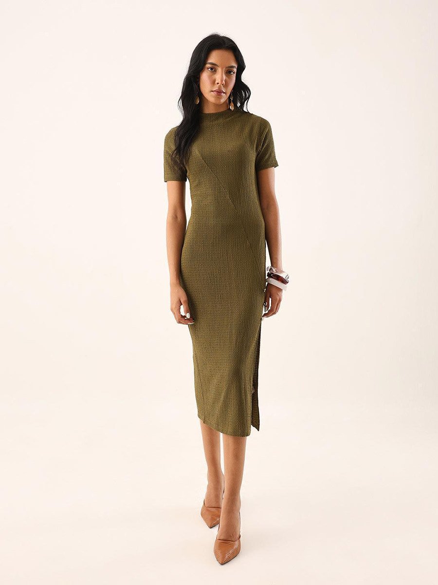 Olive Textured Midi Dress with Side Slit
