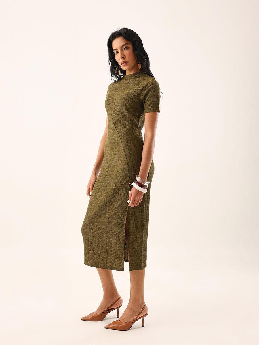 Olive Textured Midi Dress with Side Slit