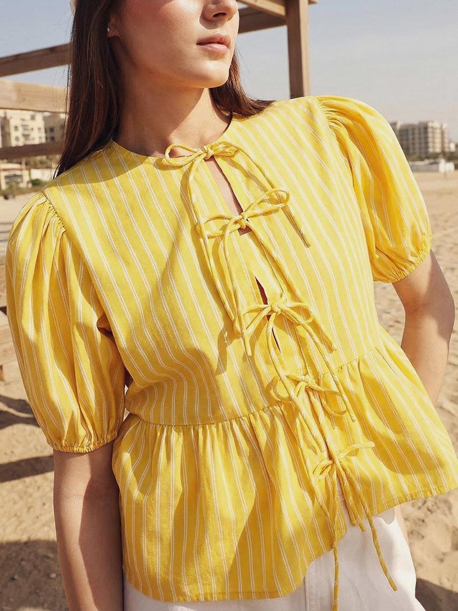 Yellow 100% Cotton Striped Boxy Blouse