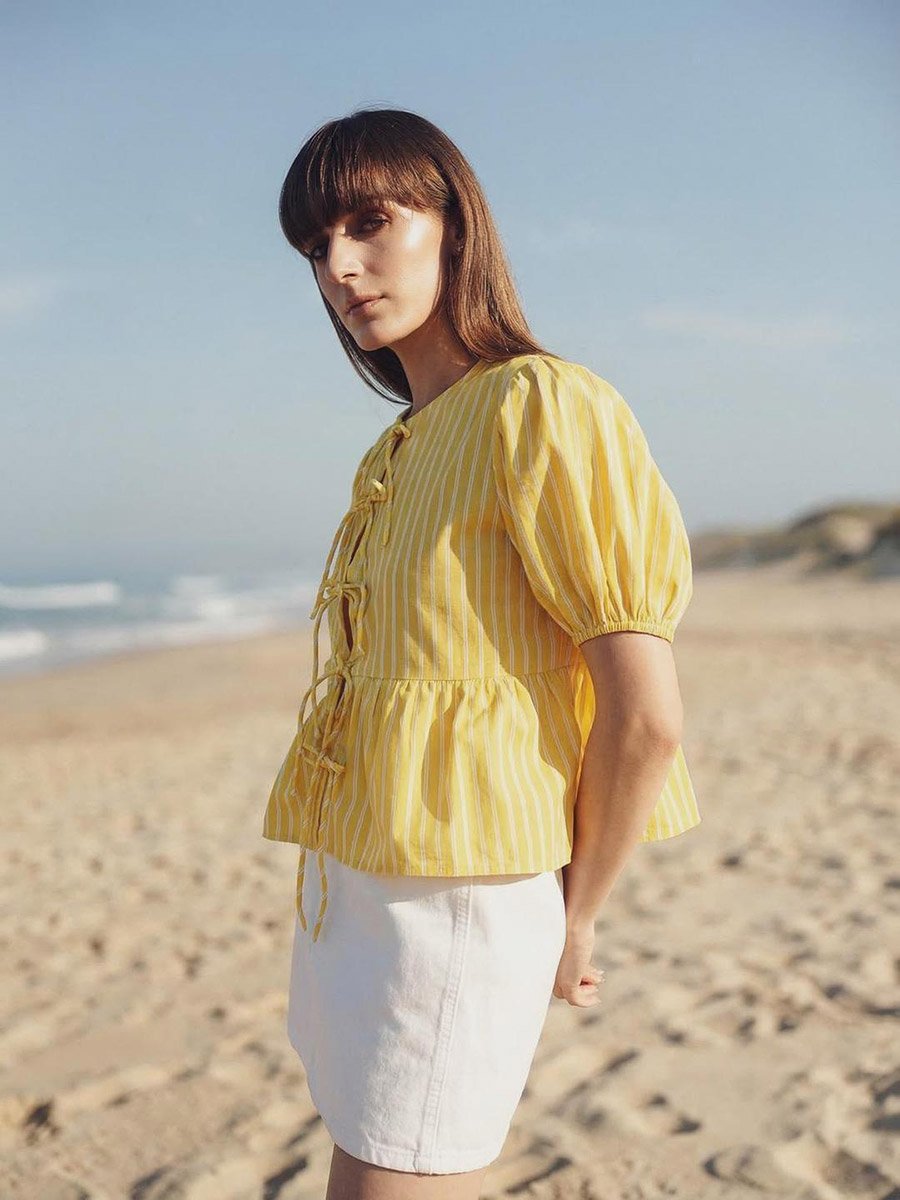 Yellow 100% Cotton Striped Boxy Blouse