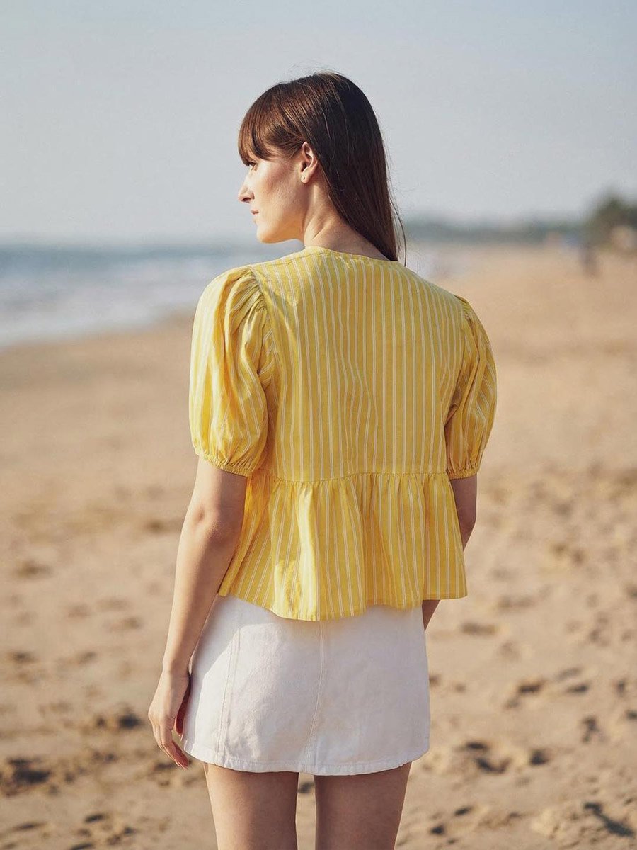Yellow 100% Cotton Striped Boxy Blouse