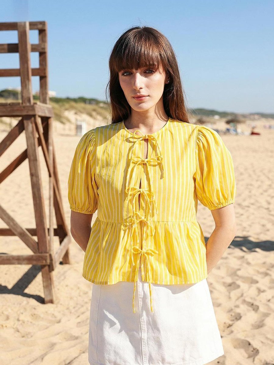 Yellow 100% Cotton Striped Boxy Blouse