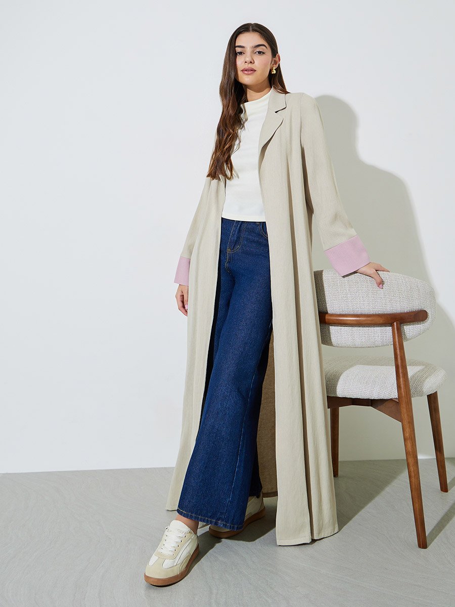 Beige Front Open Collar Abaya with Contrast Cuffs