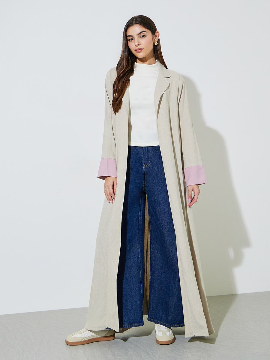 Beige Front Open Collar Abaya with Contrast Cuffs