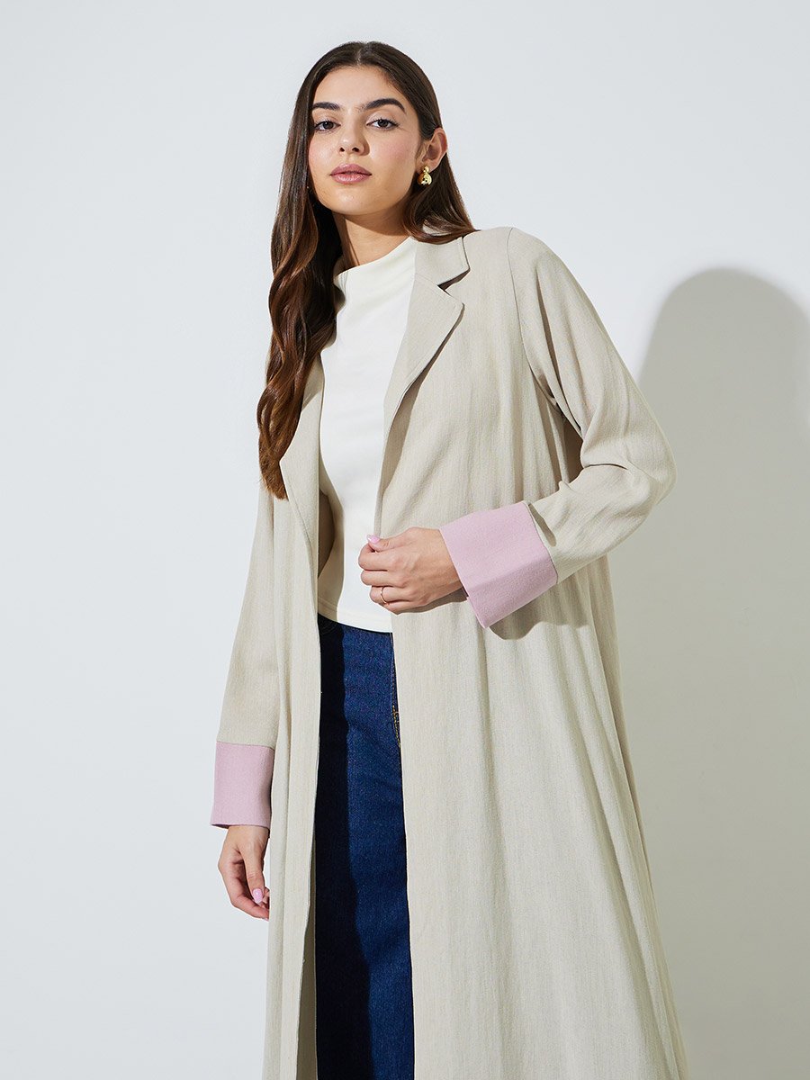 Beige Front Open Collar Abaya with Contrast Cuffs