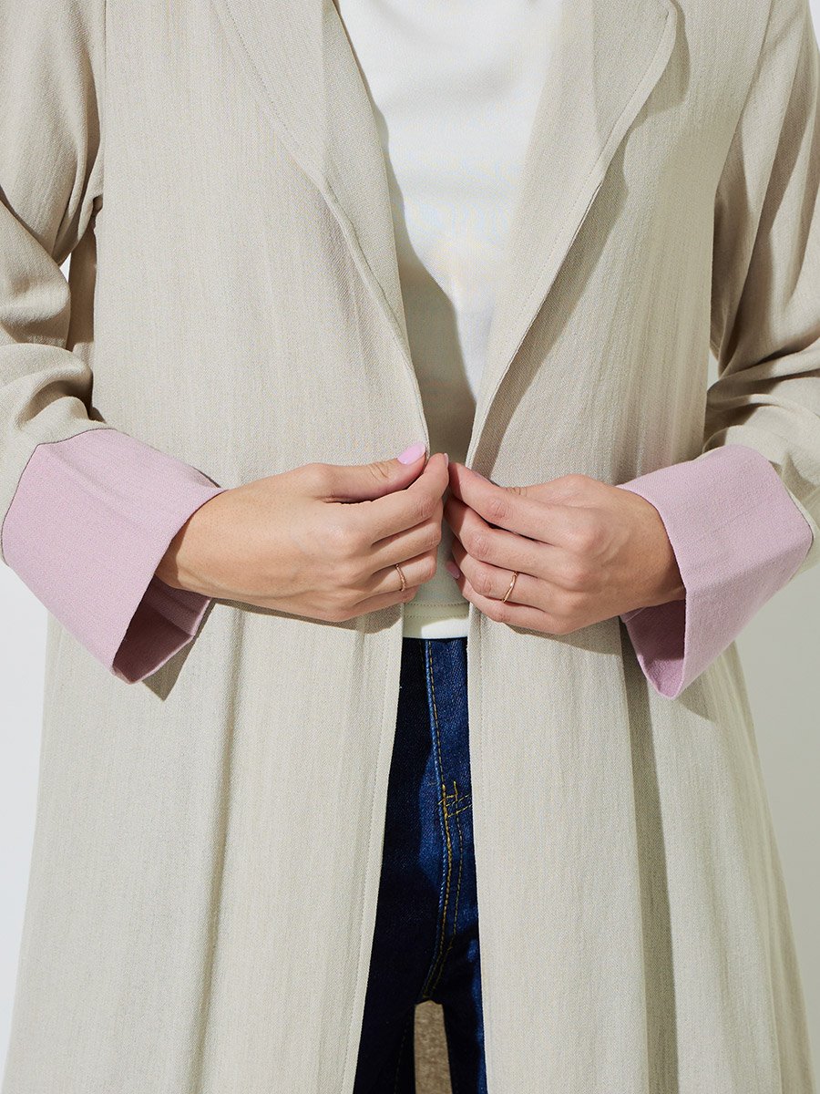Beige Front Open Collar Abaya with Contrast Cuffs