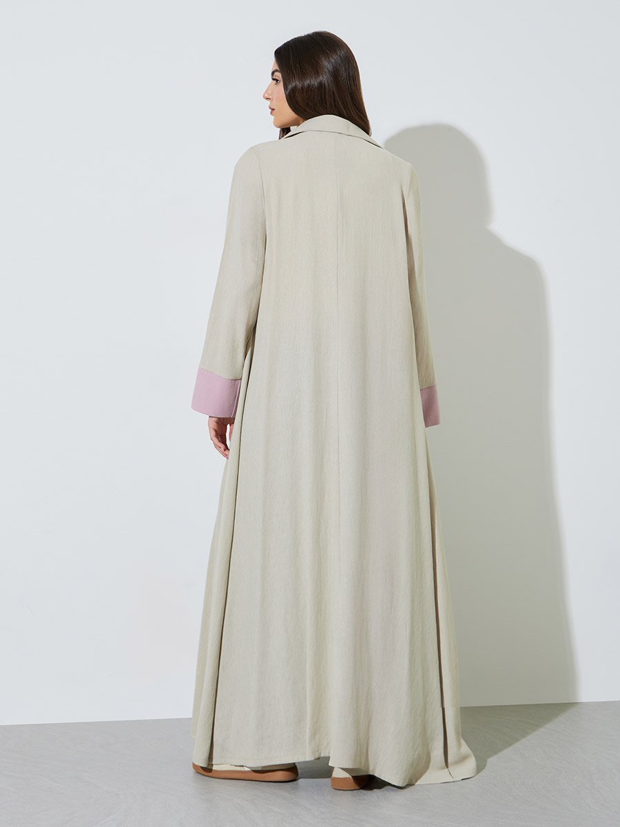 Beige Front Open Collar Abaya with Contrast Cuffs