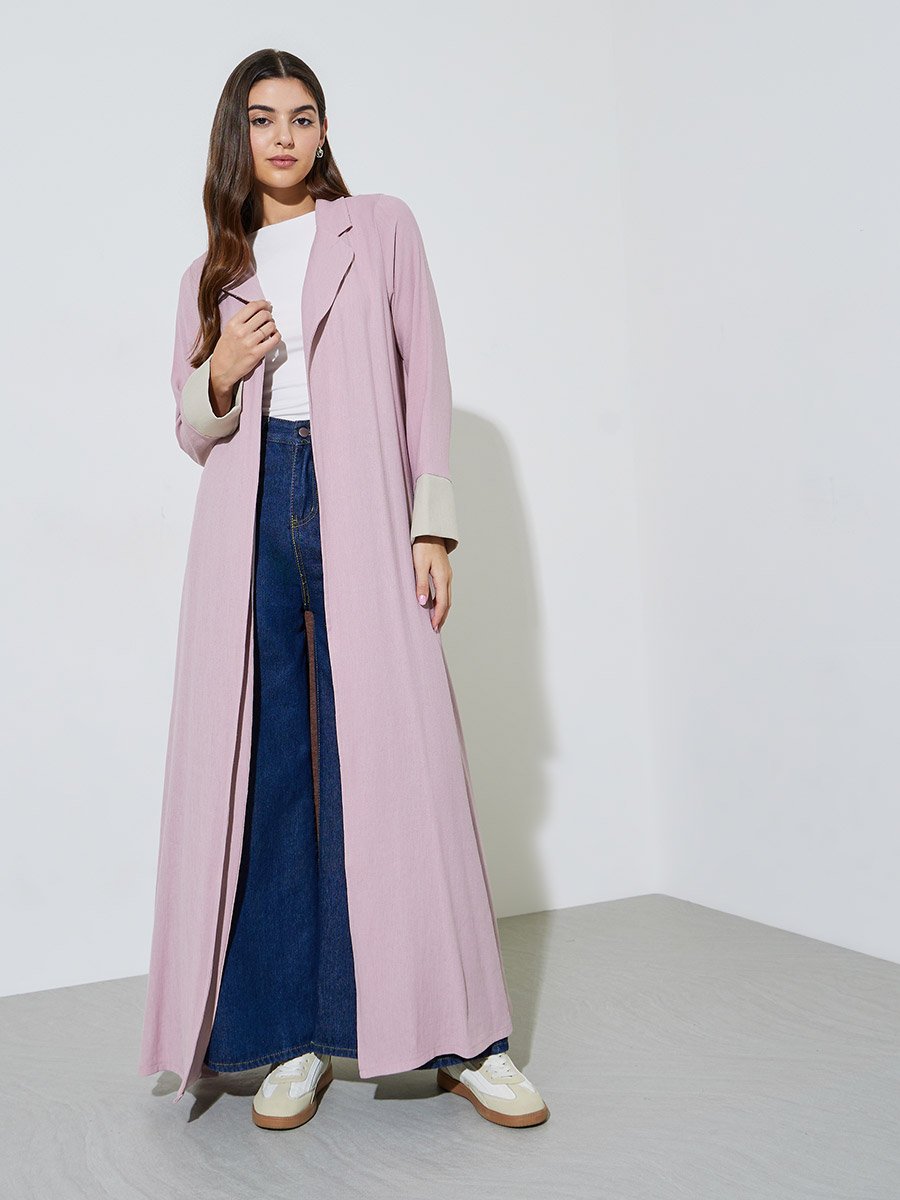 Pink Front Open Collar Abaya with Contrast Cuffs