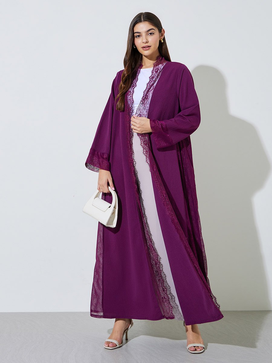 Purple Front Open Abaya with Lace Trim