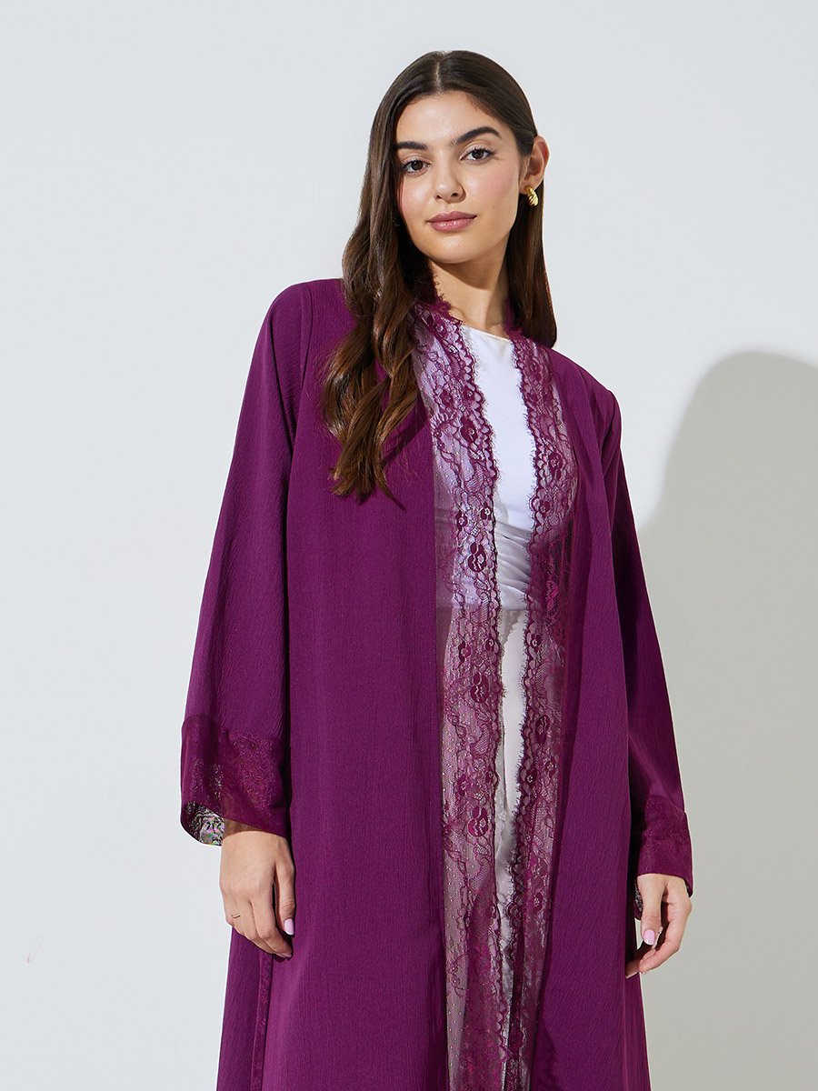 Purple Front Open Abaya with Lace Trim