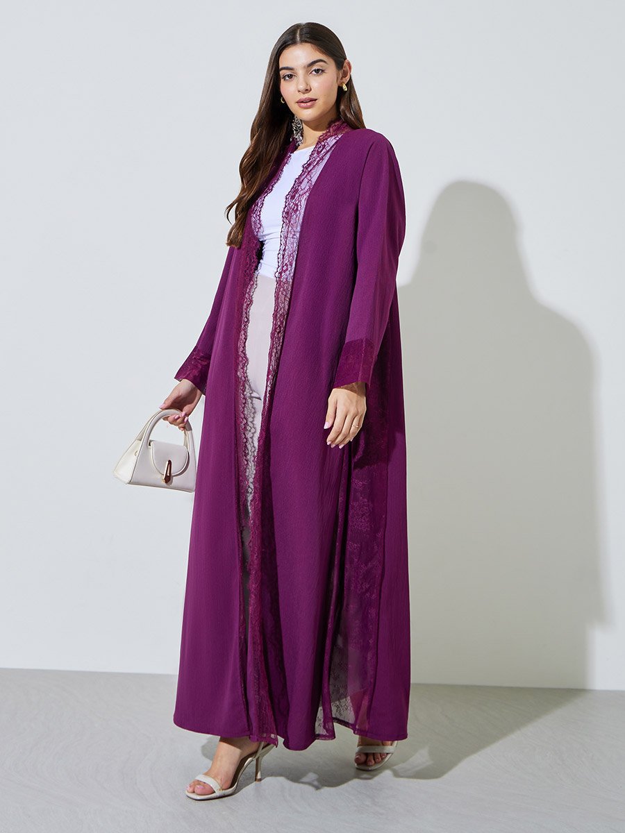 Purple Front Open Abaya with Lace Trim