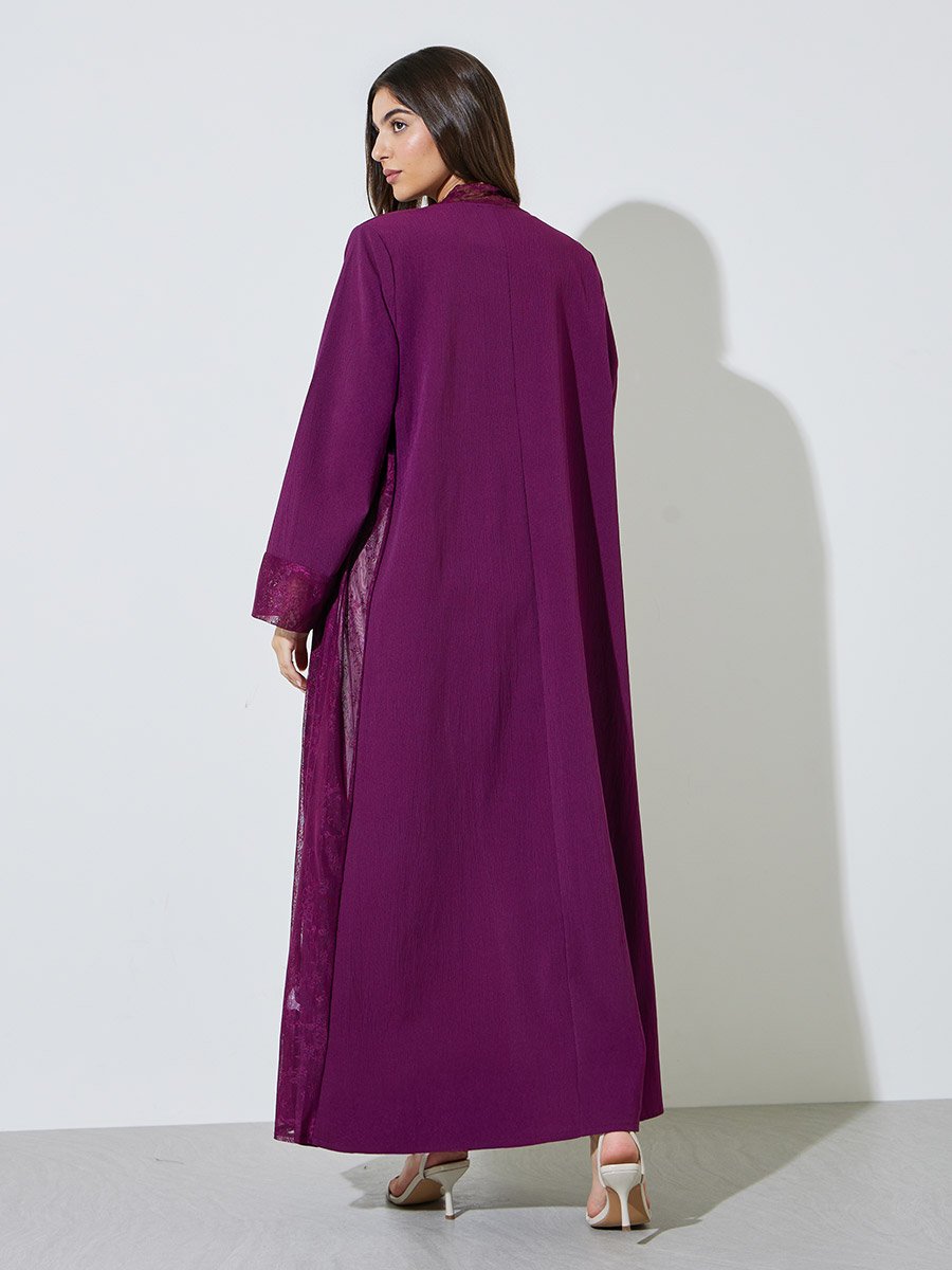 Purple Front Open Abaya with Lace Trim