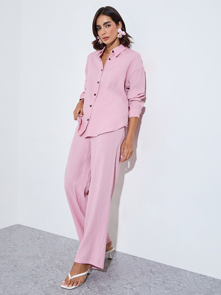 Pink Plain Longline Shirt and Pants Modest Set