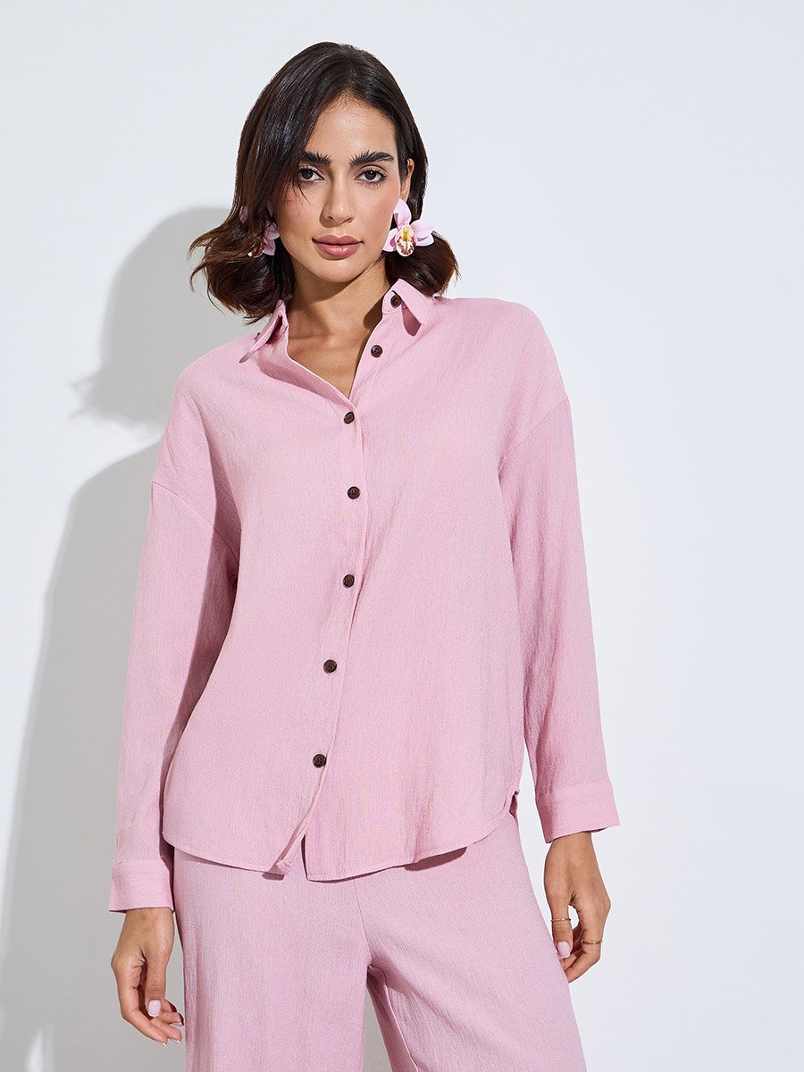 Pink Plain Longline Shirt and Pants Modest Set
