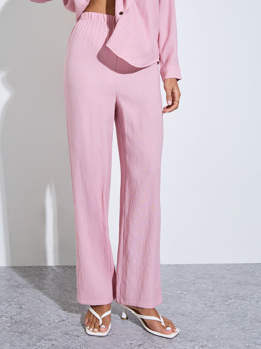 Pink Plain Longline Shirt and Pants Modest Set