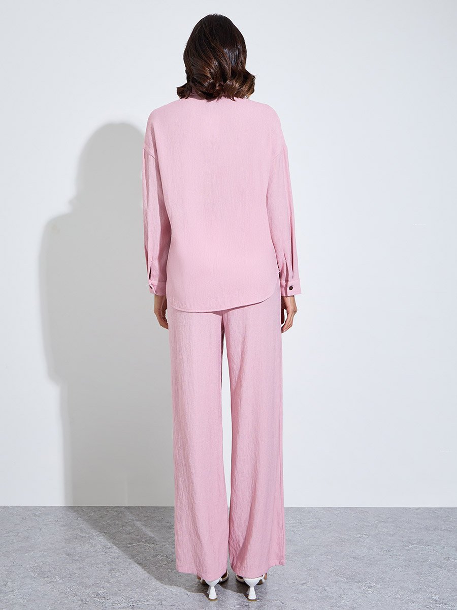 Pink Plain Longline Shirt and Pants Modest Set