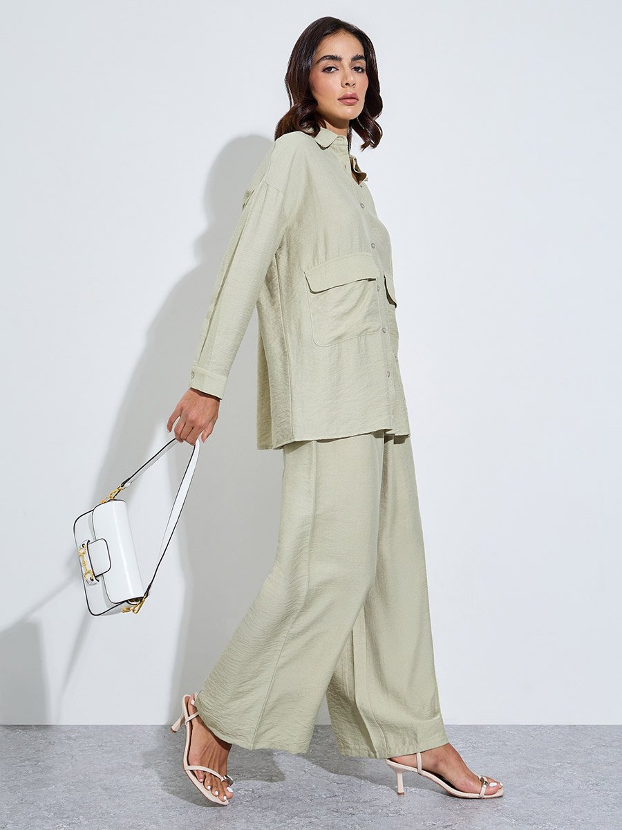 Green Oversized Shirt and Wide Leg Pants Modest Set