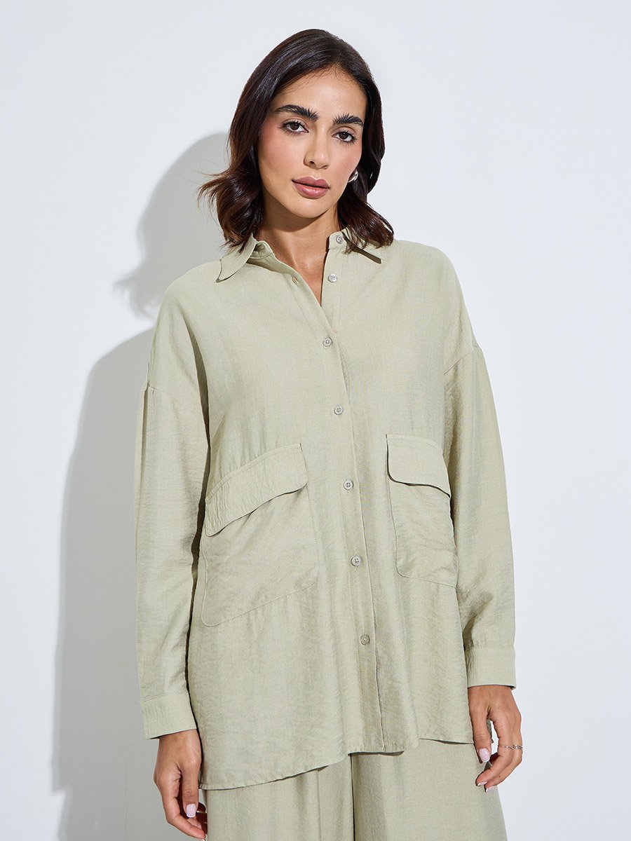 Green Oversized Shirt and Wide Leg Pants Modest Set