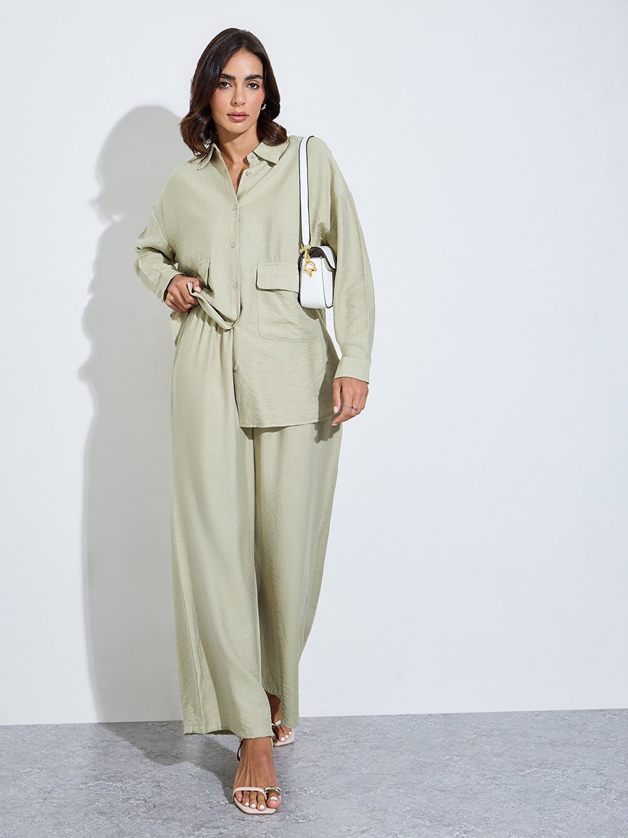 Green Oversized Shirt and Wide Leg Pants Modest Set
