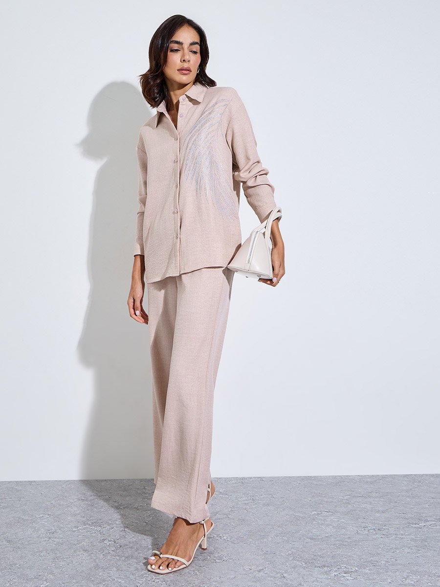 Beige Relaxed Shirt and Straight Leg Pants Modest Set