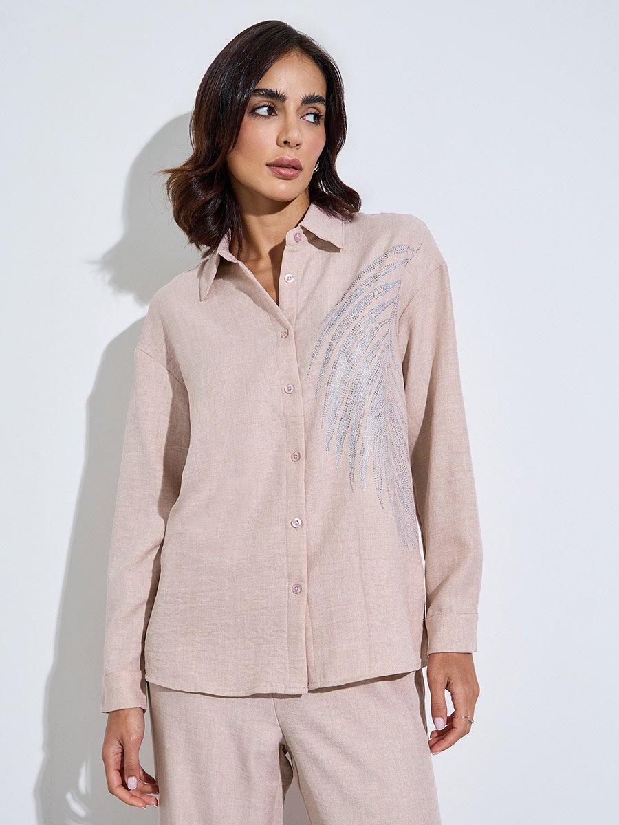Beige Relaxed Shirt and Straight Leg Pants Modest Set