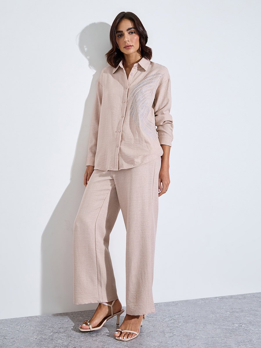 Beige Relaxed Shirt and Straight Leg Pants Modest Set