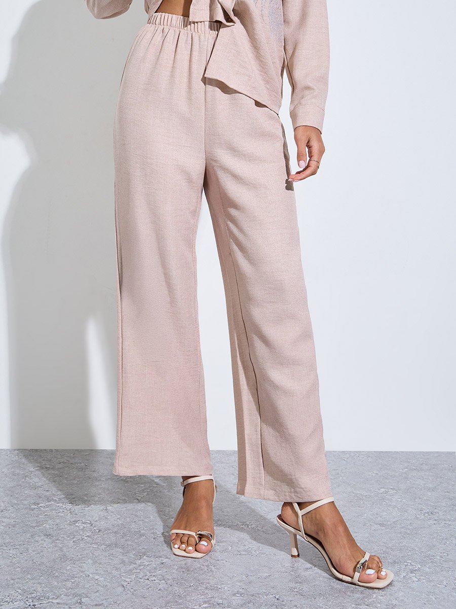 Beige Relaxed Shirt and Straight Leg Pants Modest Set