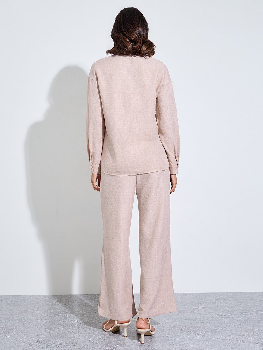 Beige Relaxed Shirt and Straight Leg Pants Modest Set
