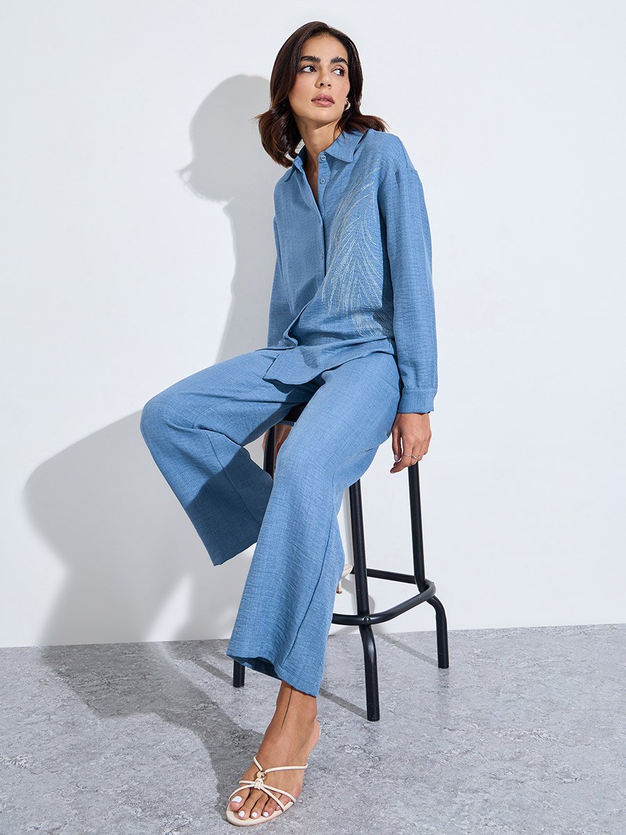 Blue Relaxed Shirt and Straight Leg Pants Modest Set